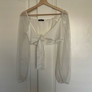 Mesh long sleeve white tie top